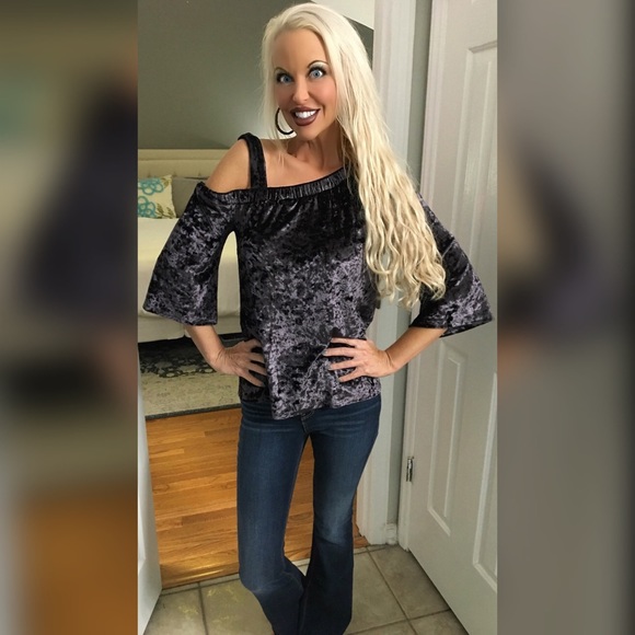 SALE!  Eggplant one shoulder velvet top - Picture 2 of 5